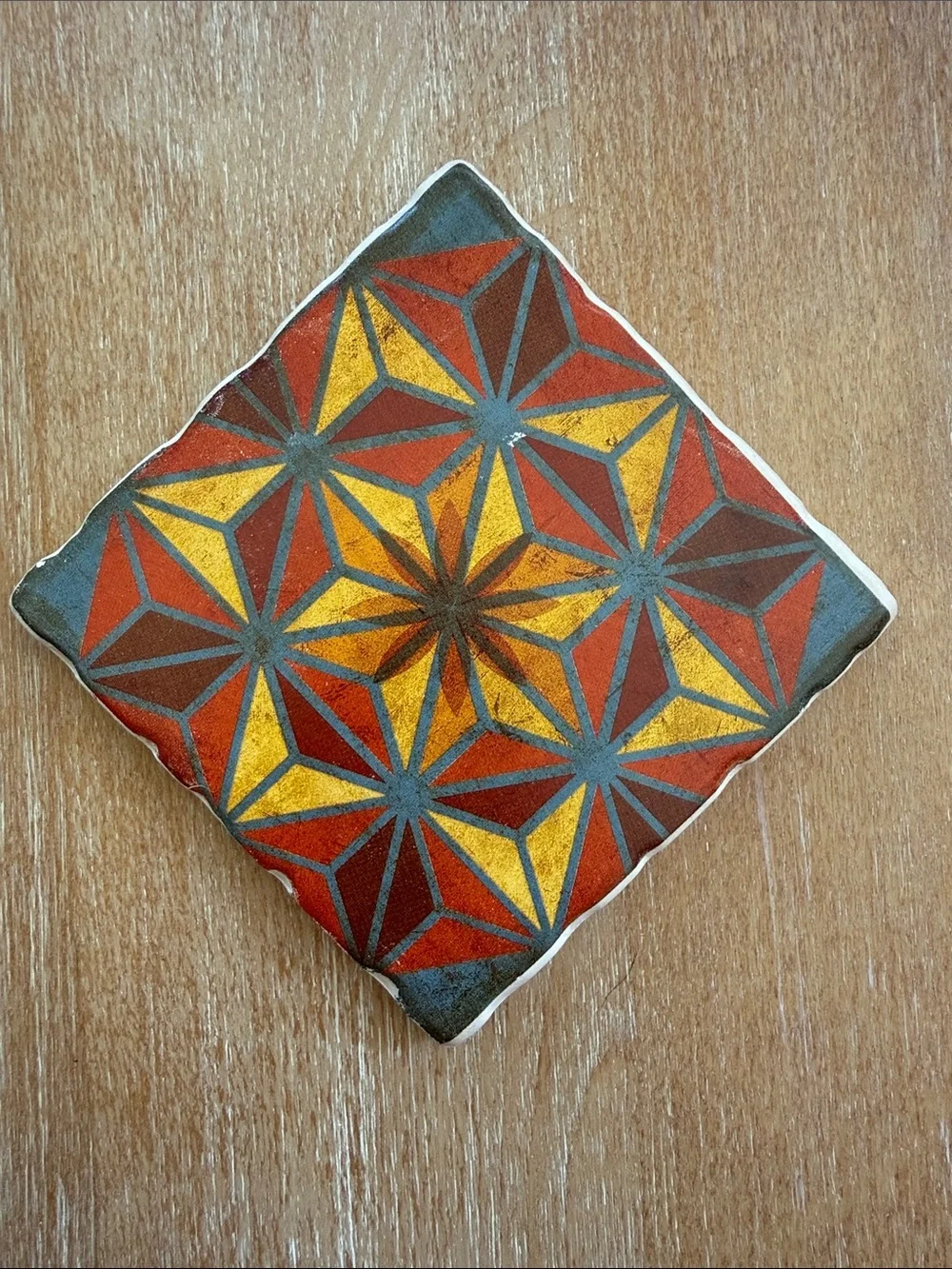 Pier 1 Ceramic Tile Coasters in Red, Gold & Blue Patterned Set